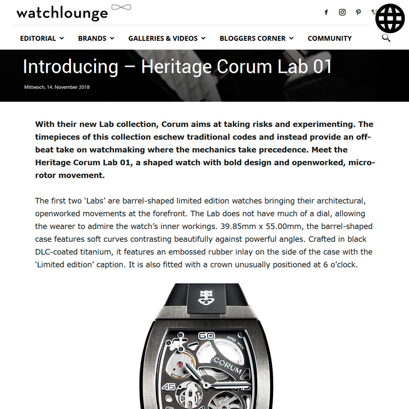 Watch : Lab, 01 ( Introducing Heritage Corum Lab 01 )